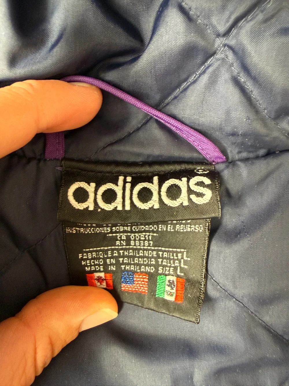 Vintage Adidas Trefoil Hooded Puffer Jacket Purple Black 90s Spellout Stripe L